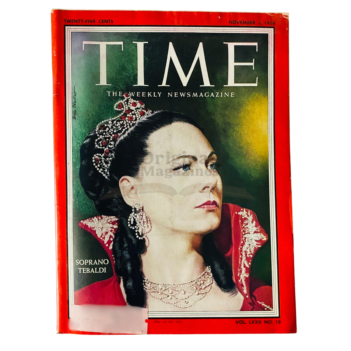 Time Magazine November 3 1958 featuring a striking cover portrait of soprano Renata Tebaldi, Volume 72, Number 18, showcasing her significance in the world of opera.