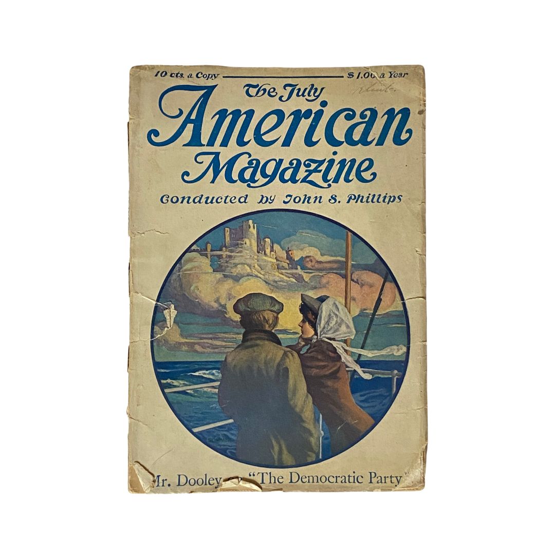Cover of VTG The American Magazine 1908 featuring a couple looking at a coastal landscape, conducted by John S. Phillips, highlighting The Democratic Party.