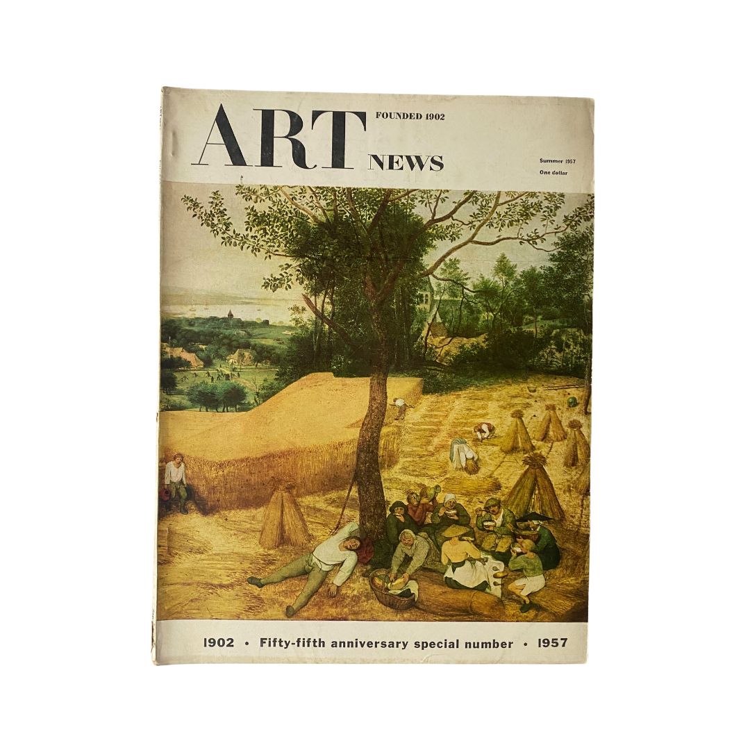 Cover of VTG Art News Magazine Summer 1957 featuring Pieter Brueghel's painting 'The Harvesters'. This vintage magazine celebrates art and cultural commentary.