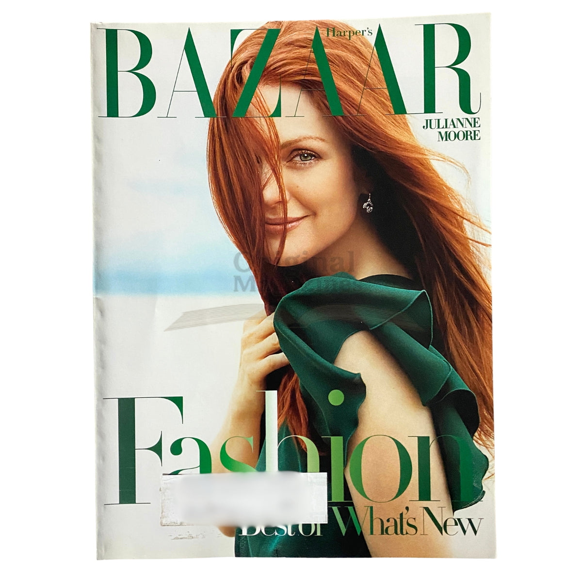 Cover of Harper's Bazaar Magazine January 2006 featuring Julianne Moore, showcasing fashion and elegance with a green dress and flowing red hair.