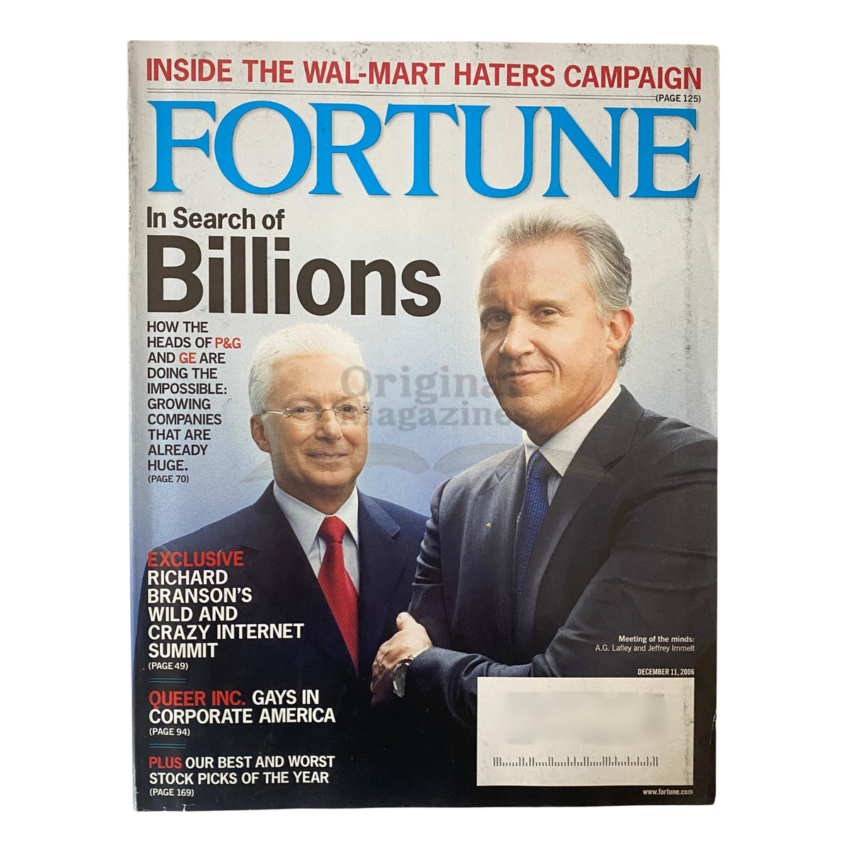 Fortune Magazine cover from December 11, 2006 featuring A.G. Lafley and Jeffrey Immelt, highlighting corporate leadership and global business strategies.