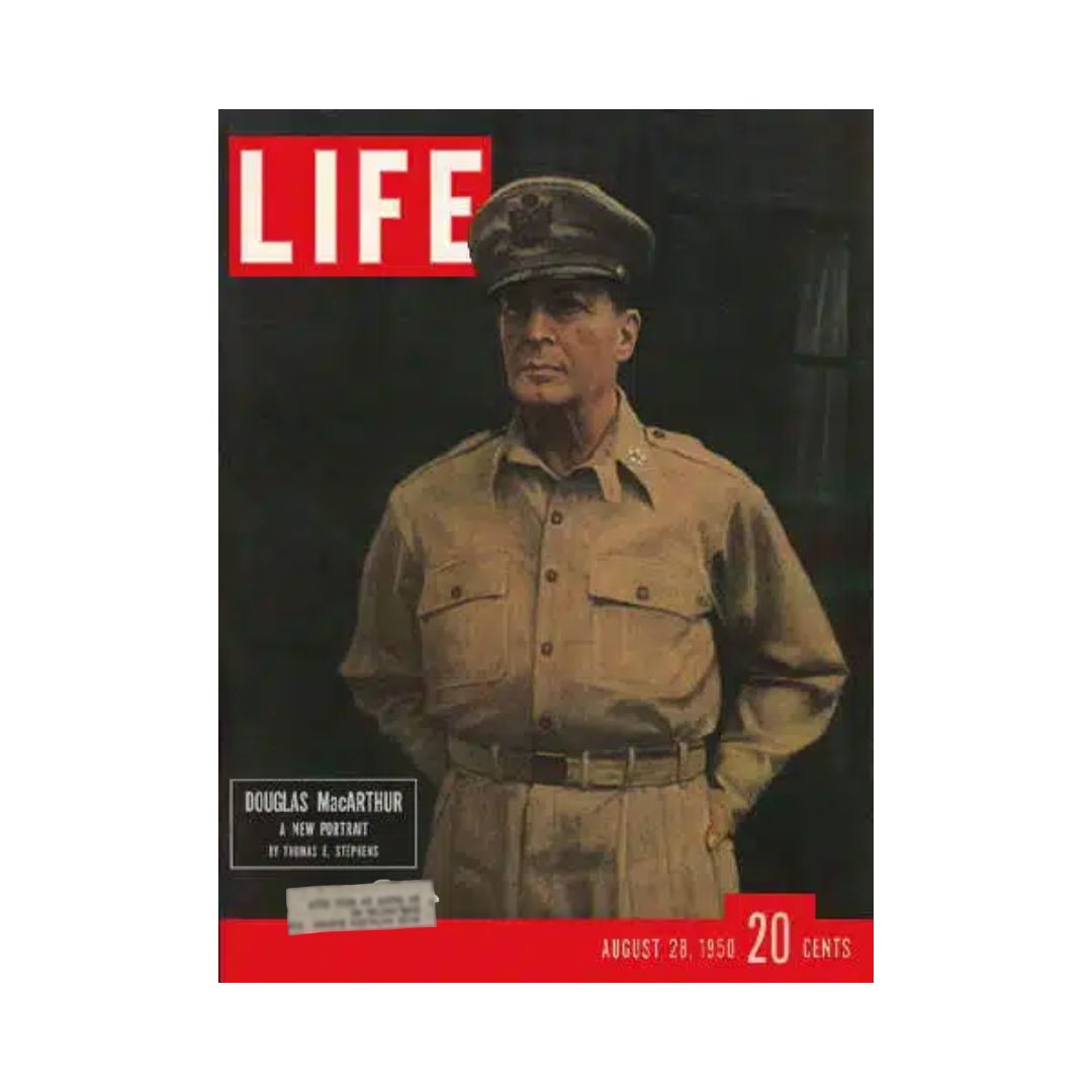 Vintage Life Magazine cover from August 28, 1950 featuring General Douglas MacArthur, showcasing his portrait in military attire.
