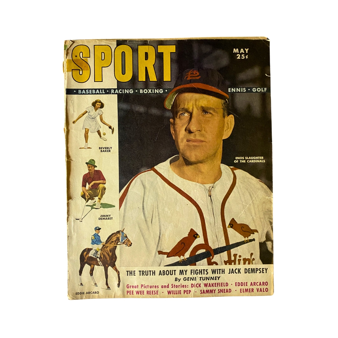 Cover of Sport Magazine May 1949 featuring Enos Slaughter from the St. Louis Cardinals, showcasing vintage sports design and iconic baseball imagery.