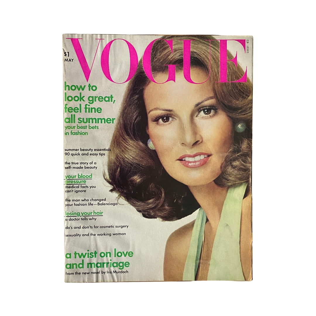 Vogue Magazine May 1973 cover featuring Raquel Welch, highlighting fashion and beauty tips from the 70s.