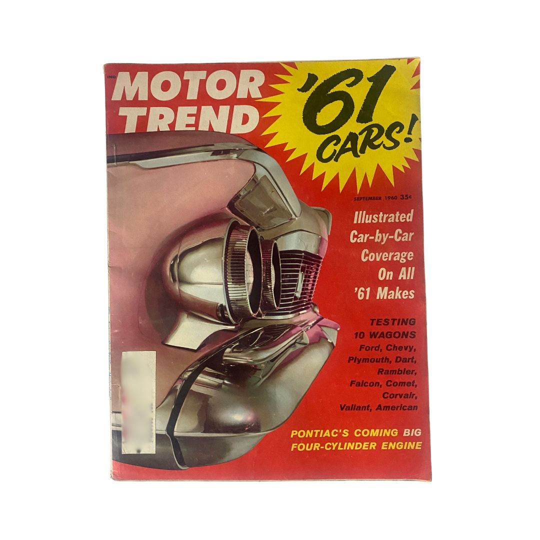 Cover of VTG Motor Trend Magazine September 1960 featuring Pontiac's Four-Cylinder Engine, boasting the title '61 CARS!'. The vibrant cover showcases automotive design and innovation of the era, highlighting various car models.