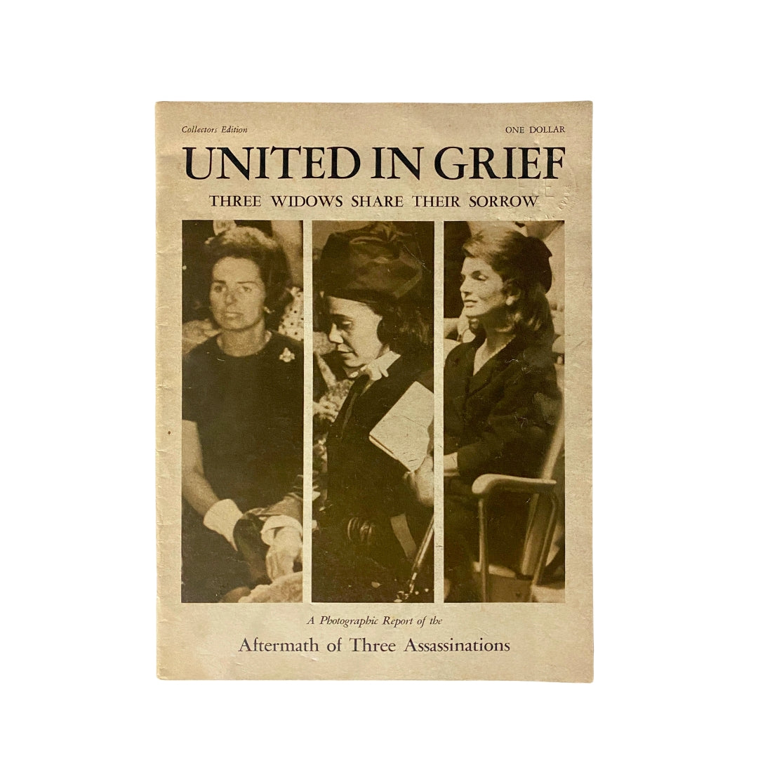 Cover of the vintage magazine 'United in Grief: Three Widows Share Their Sorrow,' featuring three women in mourning. The magazine explores the emotional impact of loss and resilience from a historical perspective.