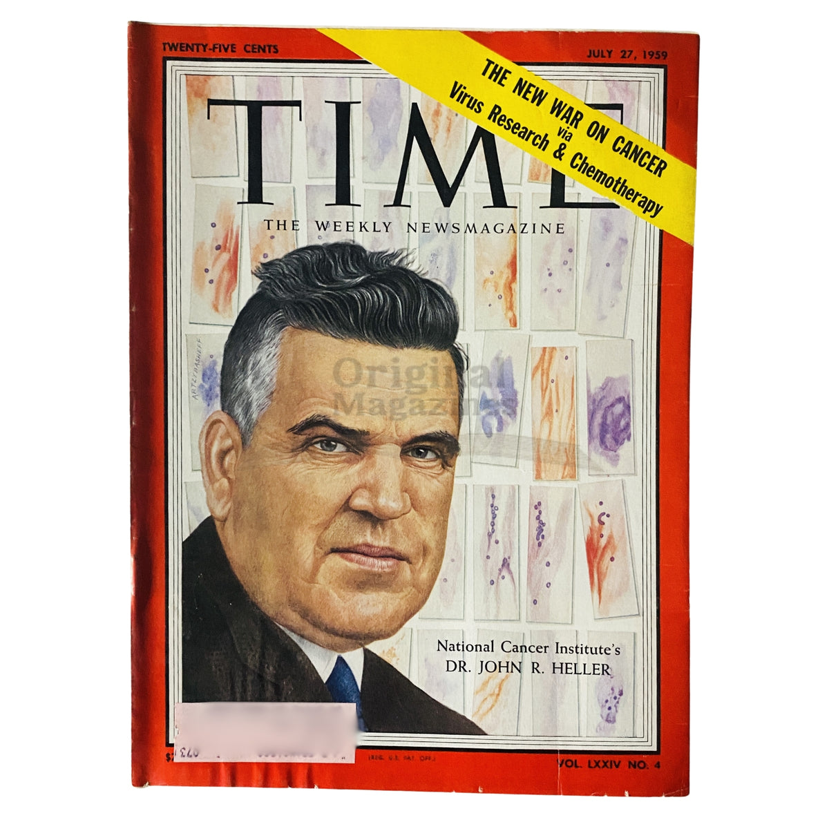 Time Magazine July 27 1959 Vol 74 No. 4 featuring Dr. John R. Heller on the cover, showcasing a portrait of Dr. Heller with a vibrant background and a headline about cancer research.