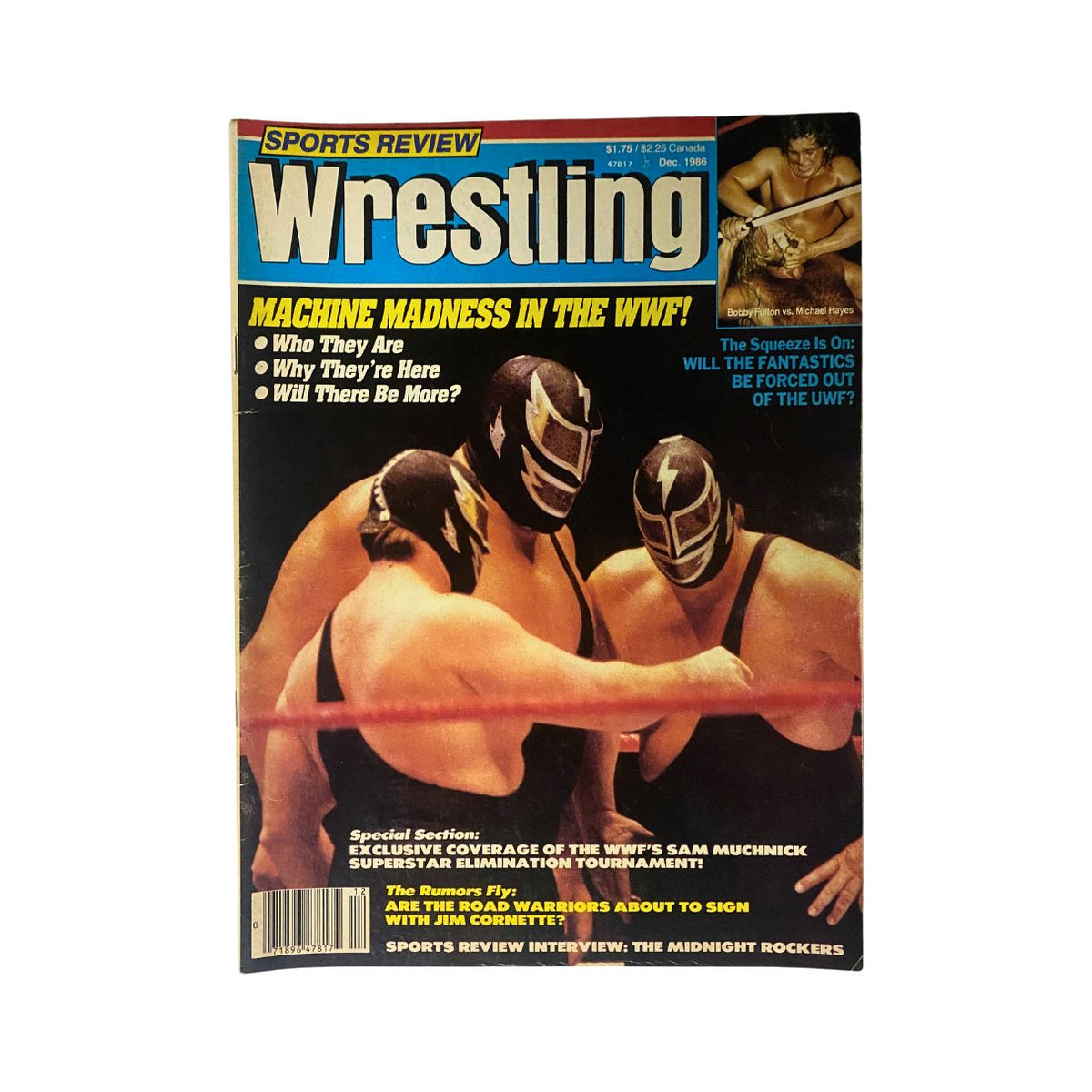 VTG Sports Review Wrestling Magazine December 1986 featuring the cover titled 'Machine Madness in the WWF' showcasing wrestlers in masks, emphasizing the thrilling theme of this vintage wrestling publication.