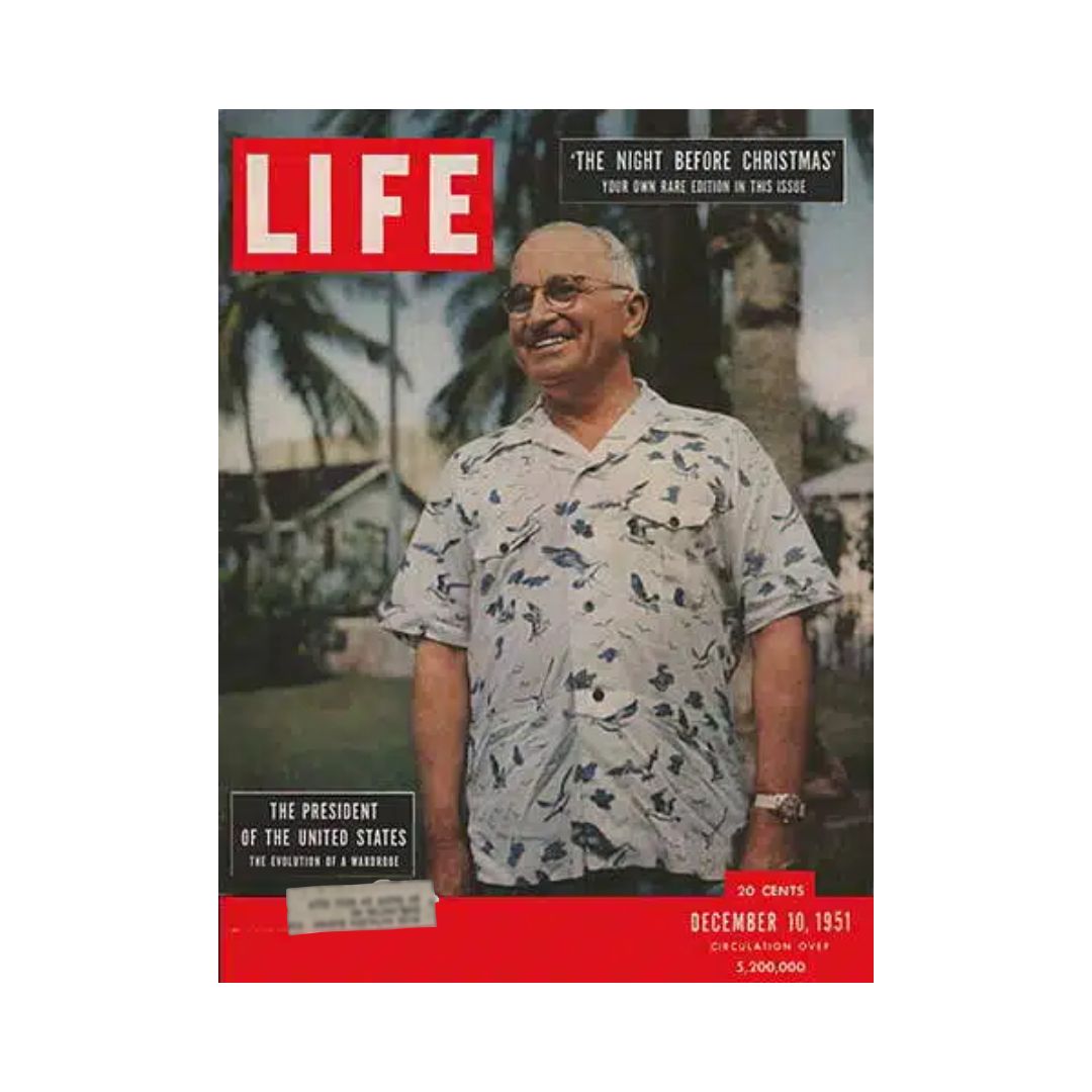 VTG Life Magazine cover from December 10, 1951 featuring President Harry S. Truman in a floral shirt, capturing a moment in mid-20th century American culture.