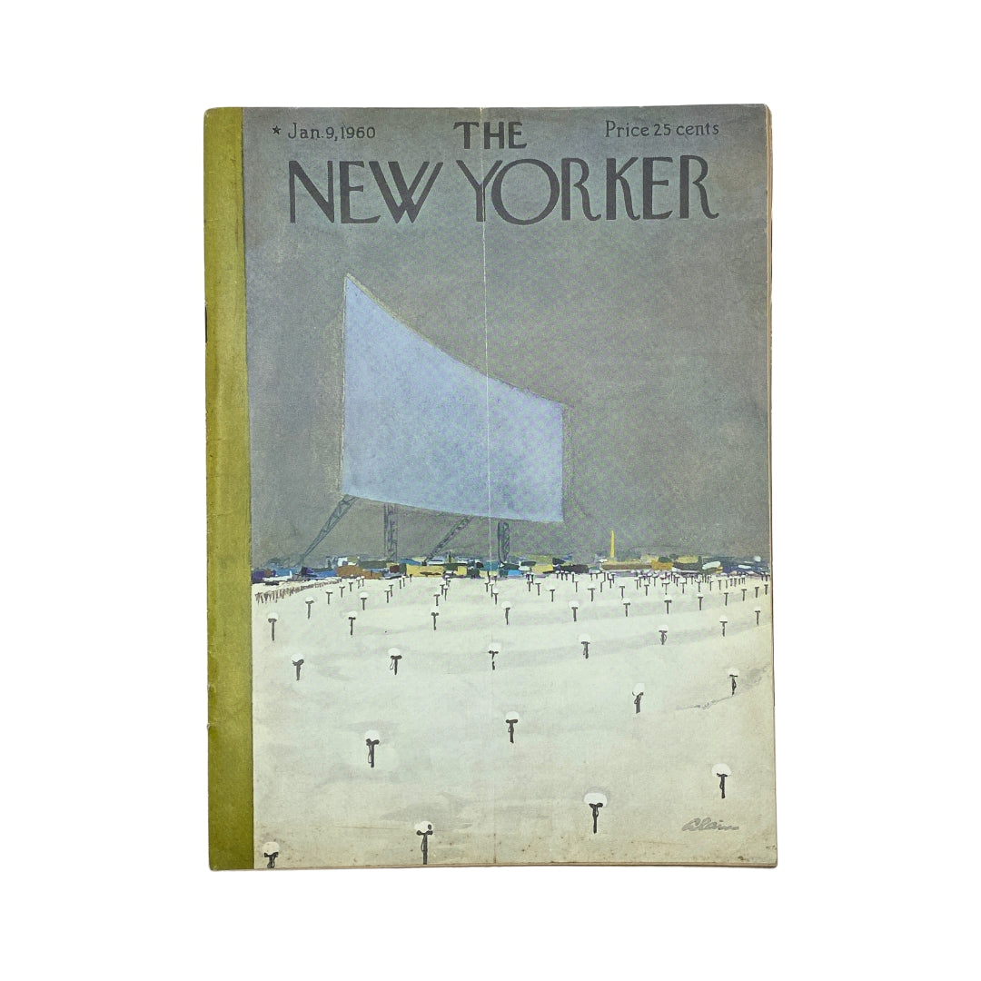 Cover of The New Yorker magazine from January 9, 1960, featuring artwork by Daniel Brustlein, showcasing a large billboard in a field with subtle colors.