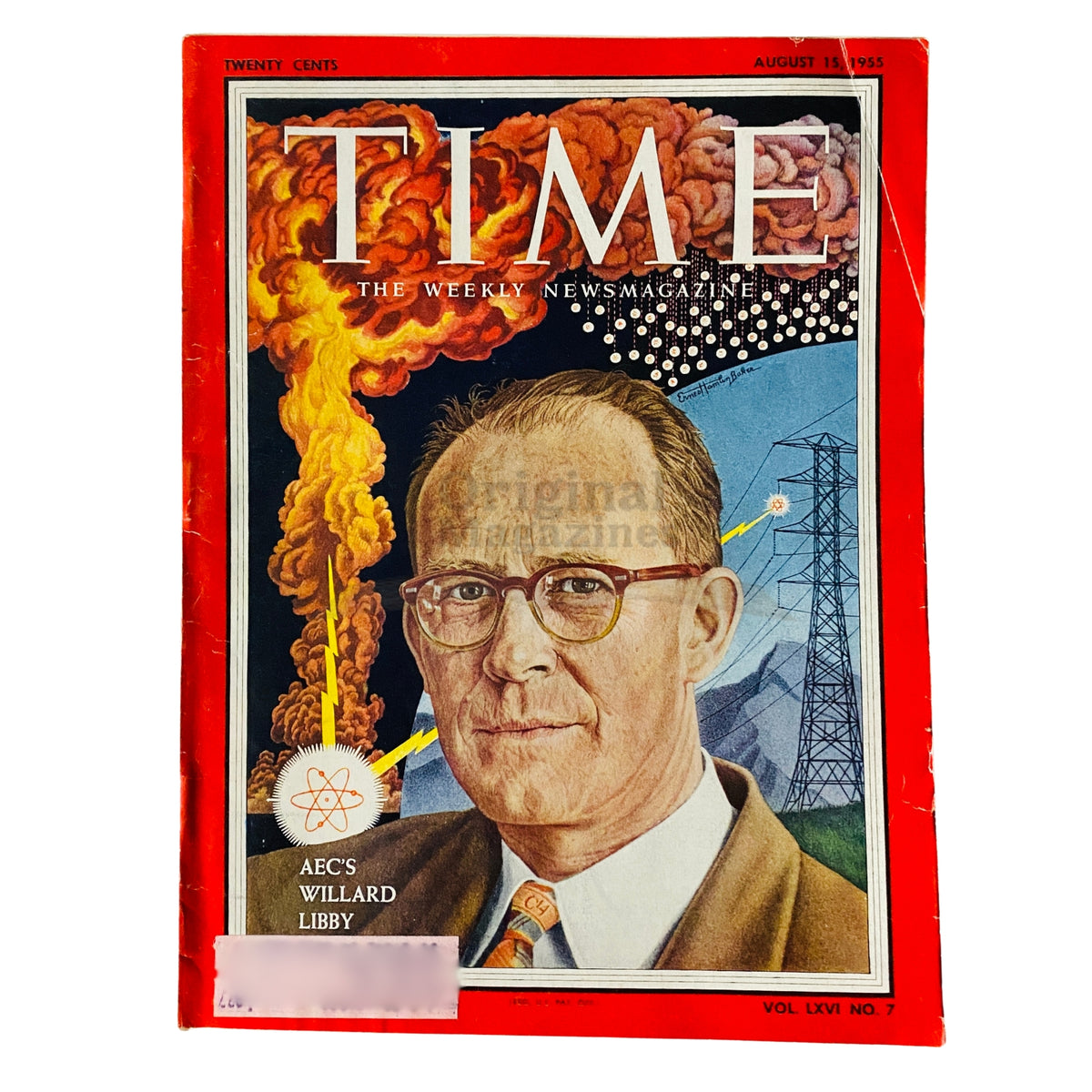 Cover of Time Magazine dated August 15, 1955, featuring AEC's Willard Libby against a backdrop of nuclear imagery. Iconic representation of 1950s American history and science.