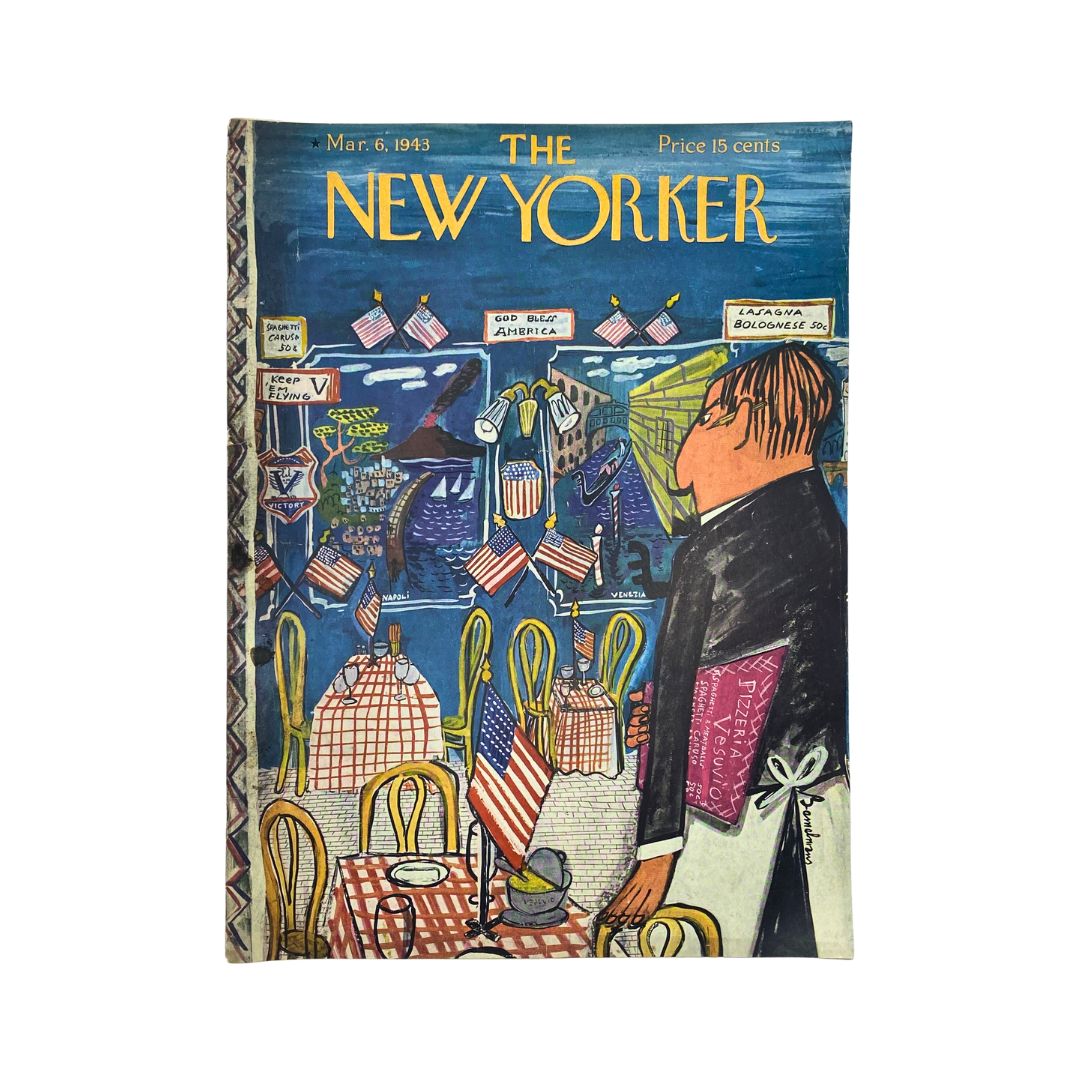 Cover of The New Yorker Complete Magazine March 6, 1943 featuring artwork by Ludwig Bemelmans, depicting a restaurant scene with flags and a waiter.
