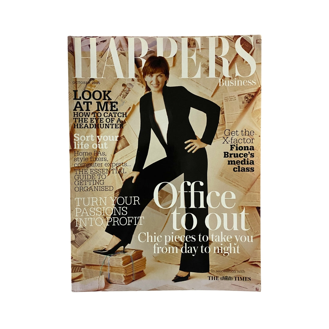 Harpers Business Magazine October 2005 featuring Fiona Bruce on the cover, showcasing a stylish pose in a black suit, emphasizing business fashion.