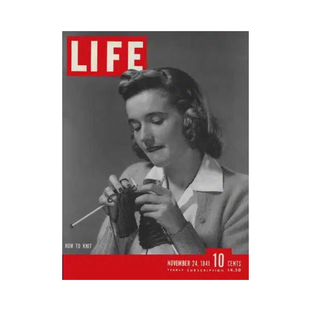 Cover of VTG Life Magazine from November 24, 1941 featuring Peggy Tippett's article 'How to Knit', showcasing a woman knitting with a vintage aesthetic.