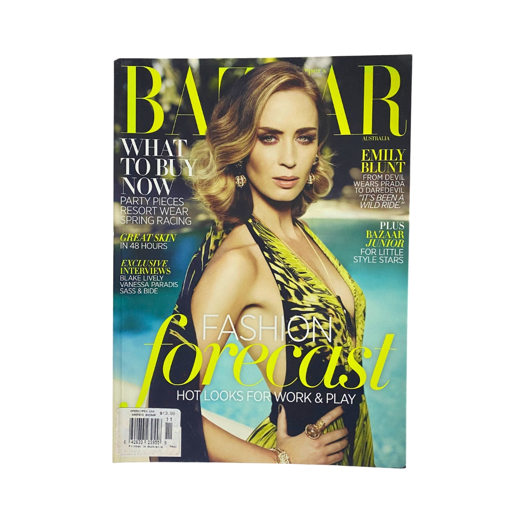 Harper's Bazaar Australia Magazine November 2012 featuring Emily Blunt on the cover, showcasing bold fashion trends and vibrant colors.