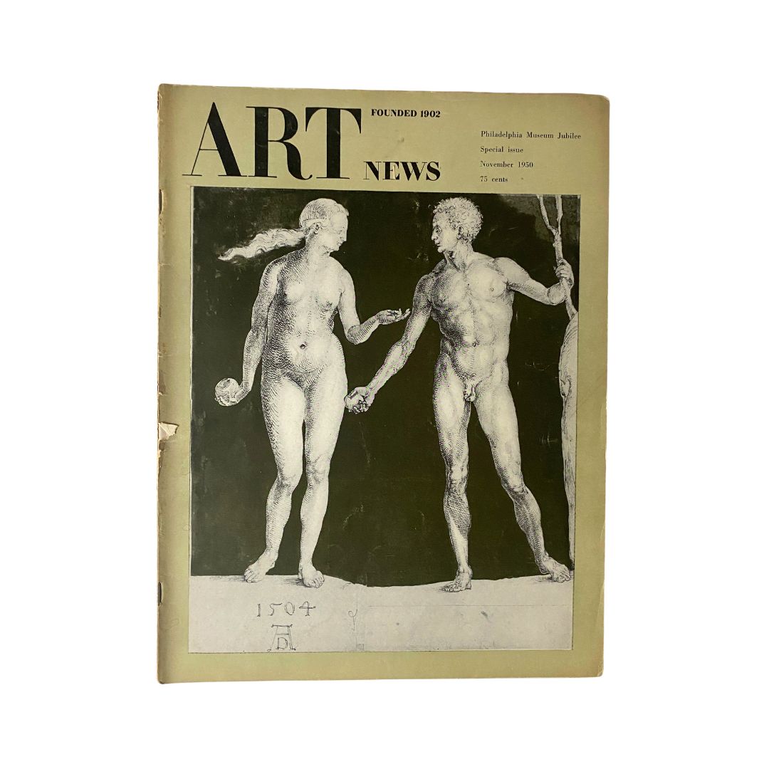 Cover of 'VTG Art News Magazine November 1950' featuring a drawing depicting a male and female nude, symbolizing the themes of muses and brotherly love.