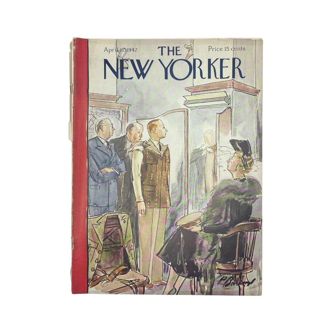 Cover of The New Yorker Magazine from April 18, 1942 featuring an illustration by Perry Barlow, depicting figures dressed in formal attire inside a vintage clothing store.