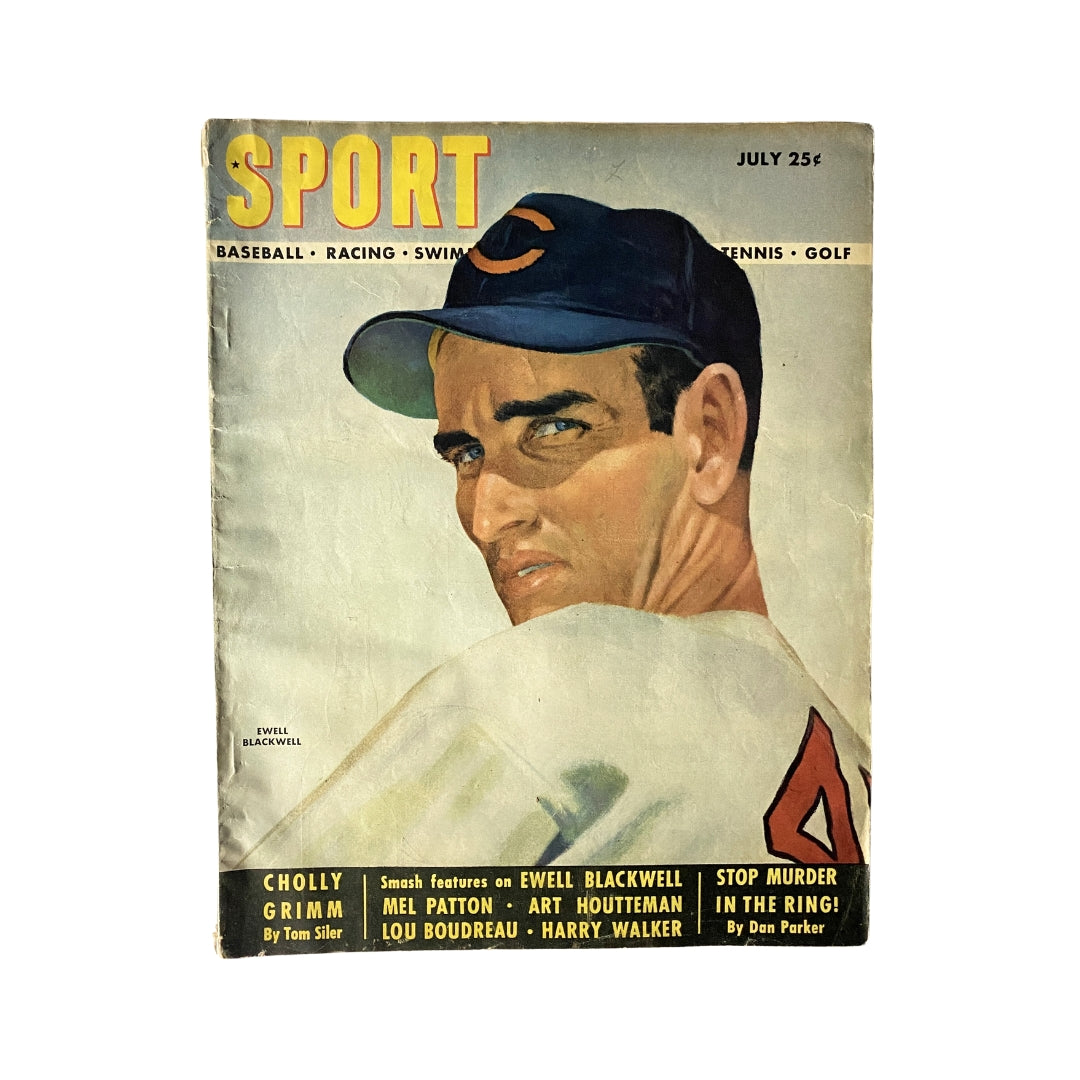 Sport Magazine July 1948 cover featuring a portrait of Ewell Blackwell, showcasing themes of baseball, racing, swimming, tennis, and golf, perfect for collectors of vintage sports magazines.