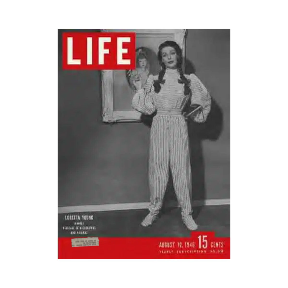 Vintage Life Magazine cover featuring Loretta Young, American Actress, dated August 12, 1946. The cover showcases Young in a stylish outfit with a historic backdrop, emphasizing her significance in Hollywood during the late 1940s.