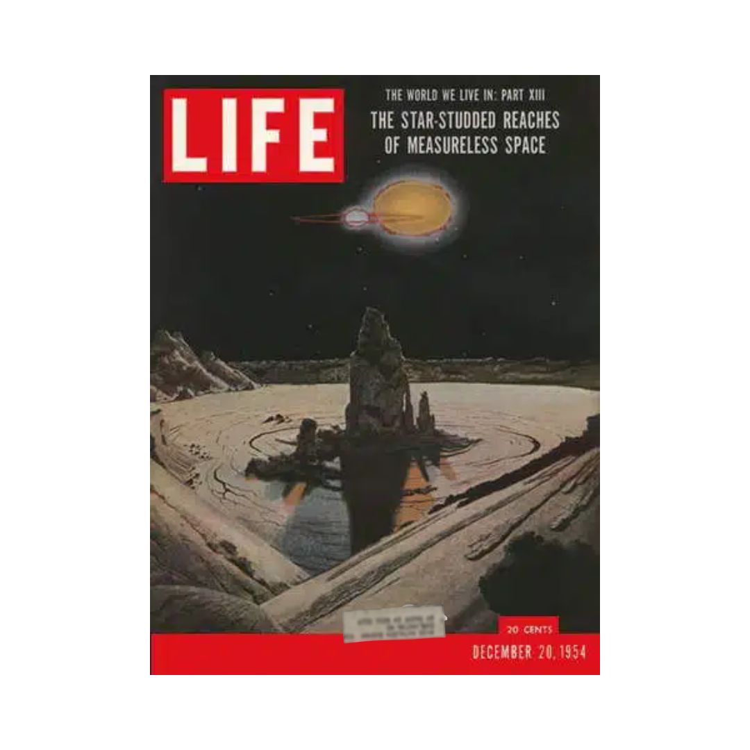 VTG Life Magazine December 20, 1954 cover featuring a stunning illustration of space titled 'The Star-Studded Reaches of Measureless Space', capturing the beauty and mystery of the universe.