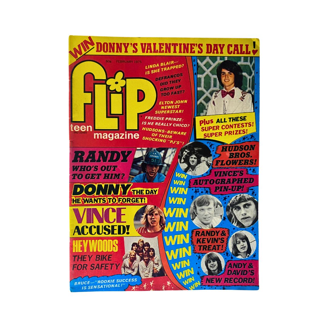 VTG Flip Teen Magazine February 1975 featuring Donny Osmond on the cover, showcasing colorful headlines and various pop culture topics.