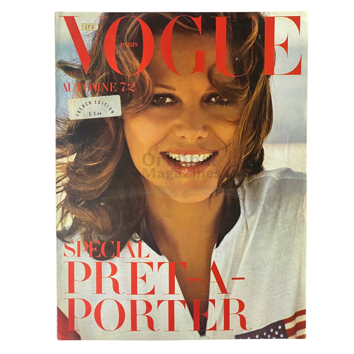 Vogue Paris Magazine August 1972 featuring Claudia Cardinale on the cover showcasing vintage fashion and style.