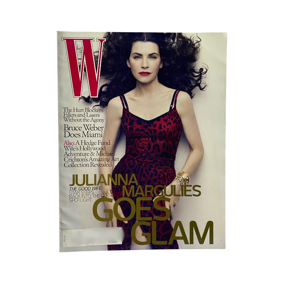 W Magazine May 2010 Julianna Margulies Cover featuring a glamorous portrait of Julianna Margulies in a stunning dress, showcasing high fashion and iconic beauty.