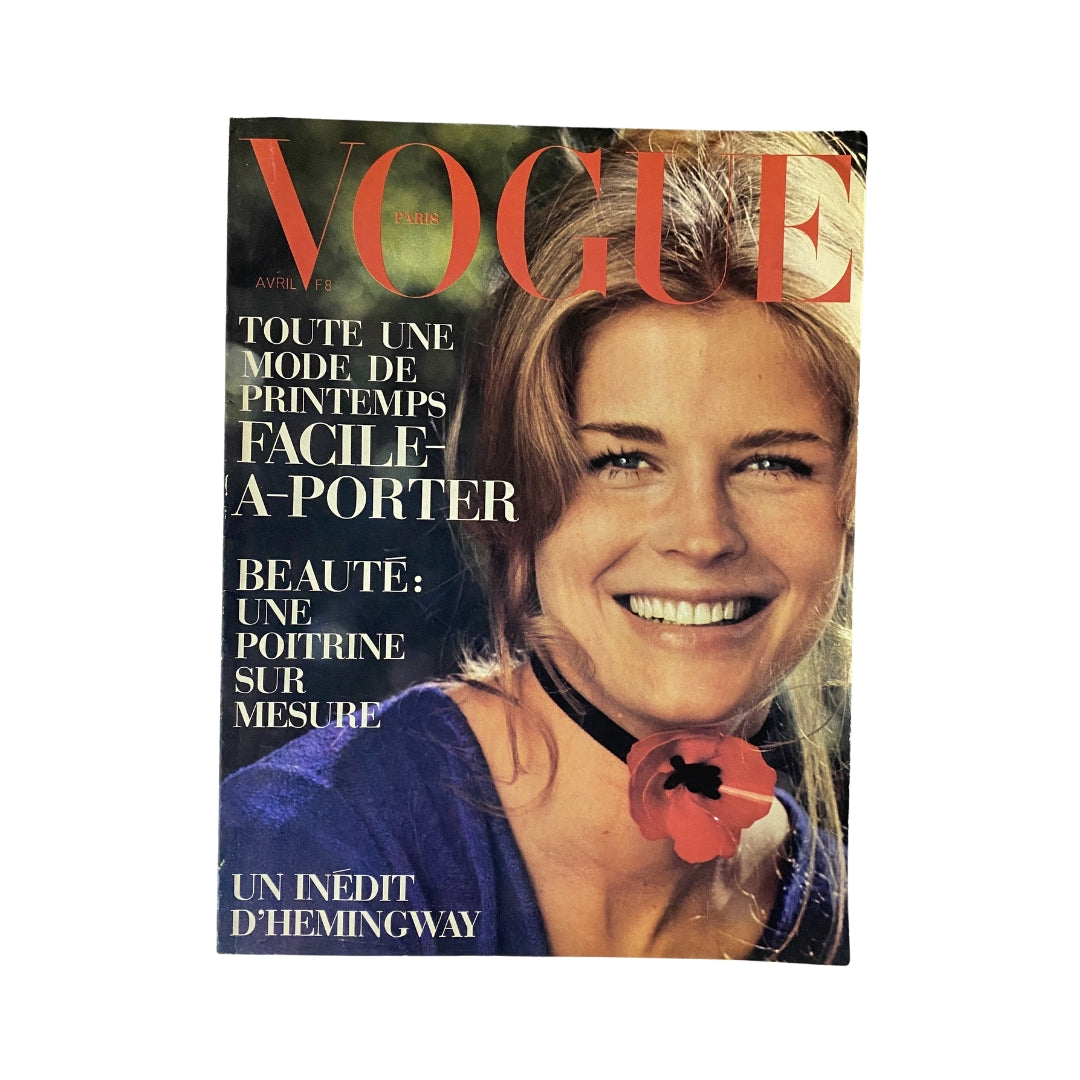 Vogue Paris Magazine April 1971 featuring Candice Bergen on the cover, showcasing 1970s fashion with the text highlighting easy-to-wear spring styles. This collectible vintage magazine captures the essence of the era.