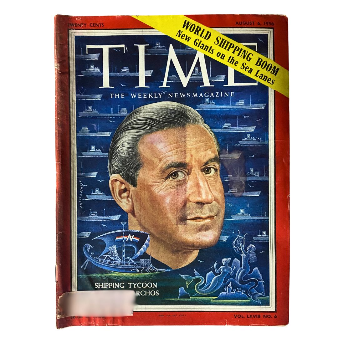 VTG Time Magazine August 6, 1956, Volume 68, Number 6, featuring Stavros Niarchos on the cover, highlighting the theme of 'World Shipping Boom' with images of ships in the background.