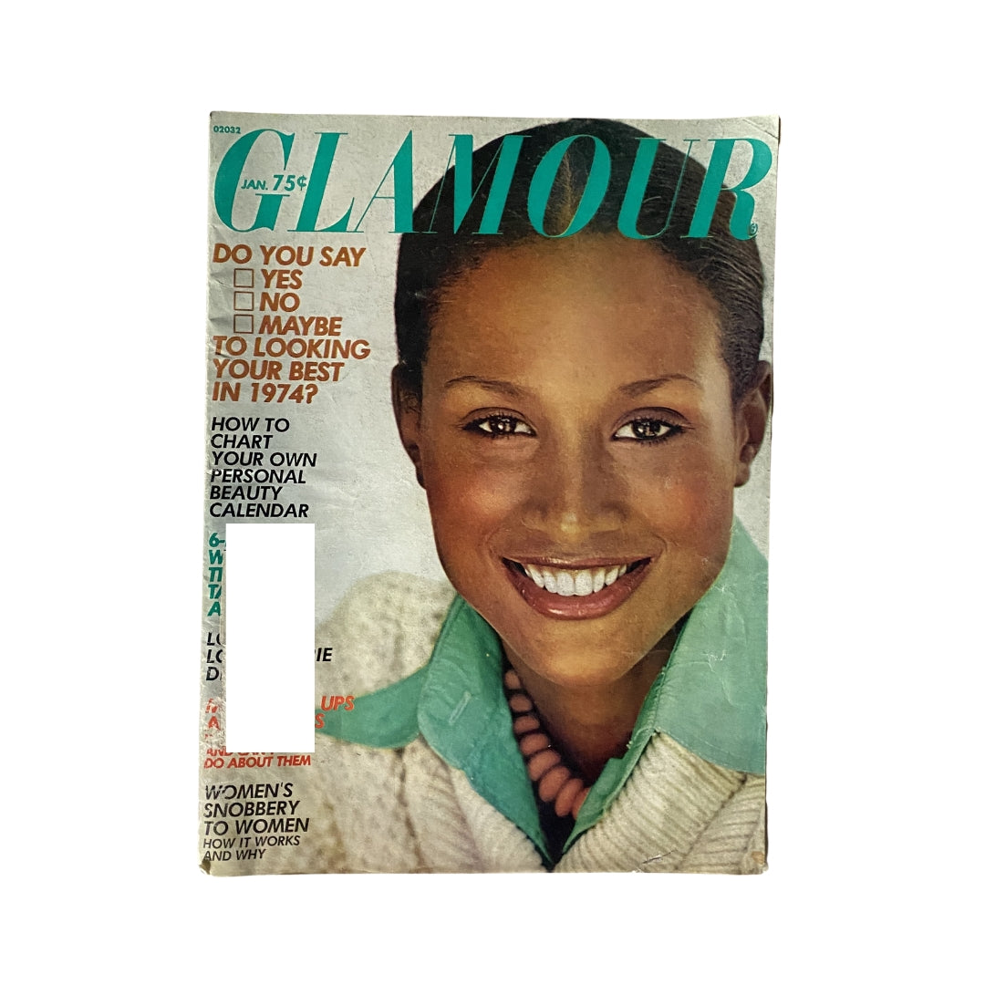 Glamour Magazine January 1974 Cover featuring Beverly Johnson smiling, showcasing '70s fashion and beauty trends.