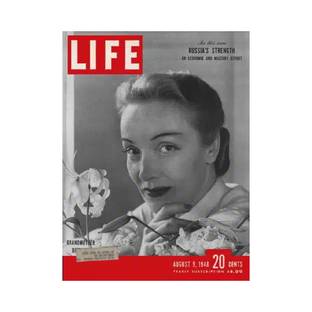 Cover of the VTG Life Magazine dated August 9, 1948, featuring Marlene Dietrich, renowned German actress and singer, showcasing a vintage aesthetic with elegant floral elements.