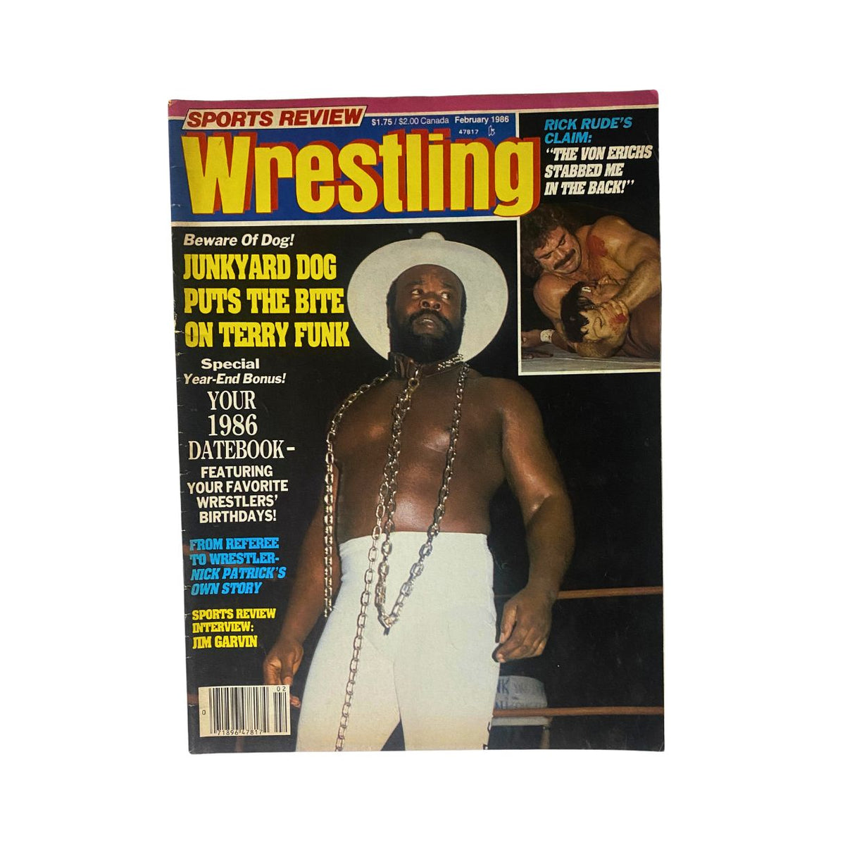 Vintage Sports Review Wrestling Magazine February 1986 featuring Junkyard Dog on the cover, showcasing wrestling highlights and interviews.