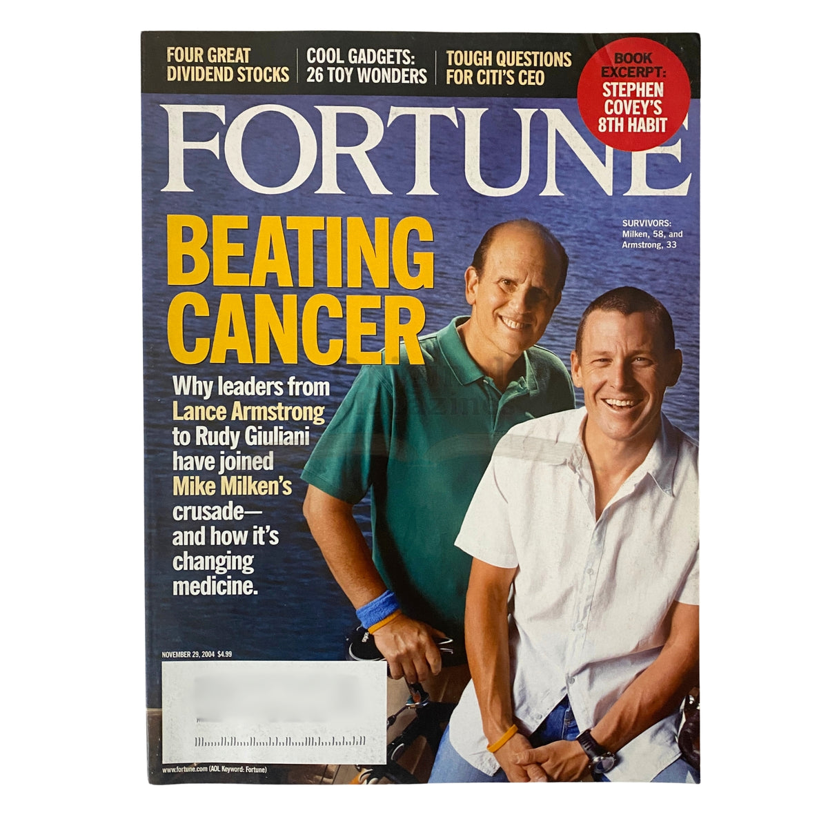 Fortune Magazine cover from November 29, 2004, featuring Lance Armstrong and Mike Milken, discussing cancer treatment and medical advancements.