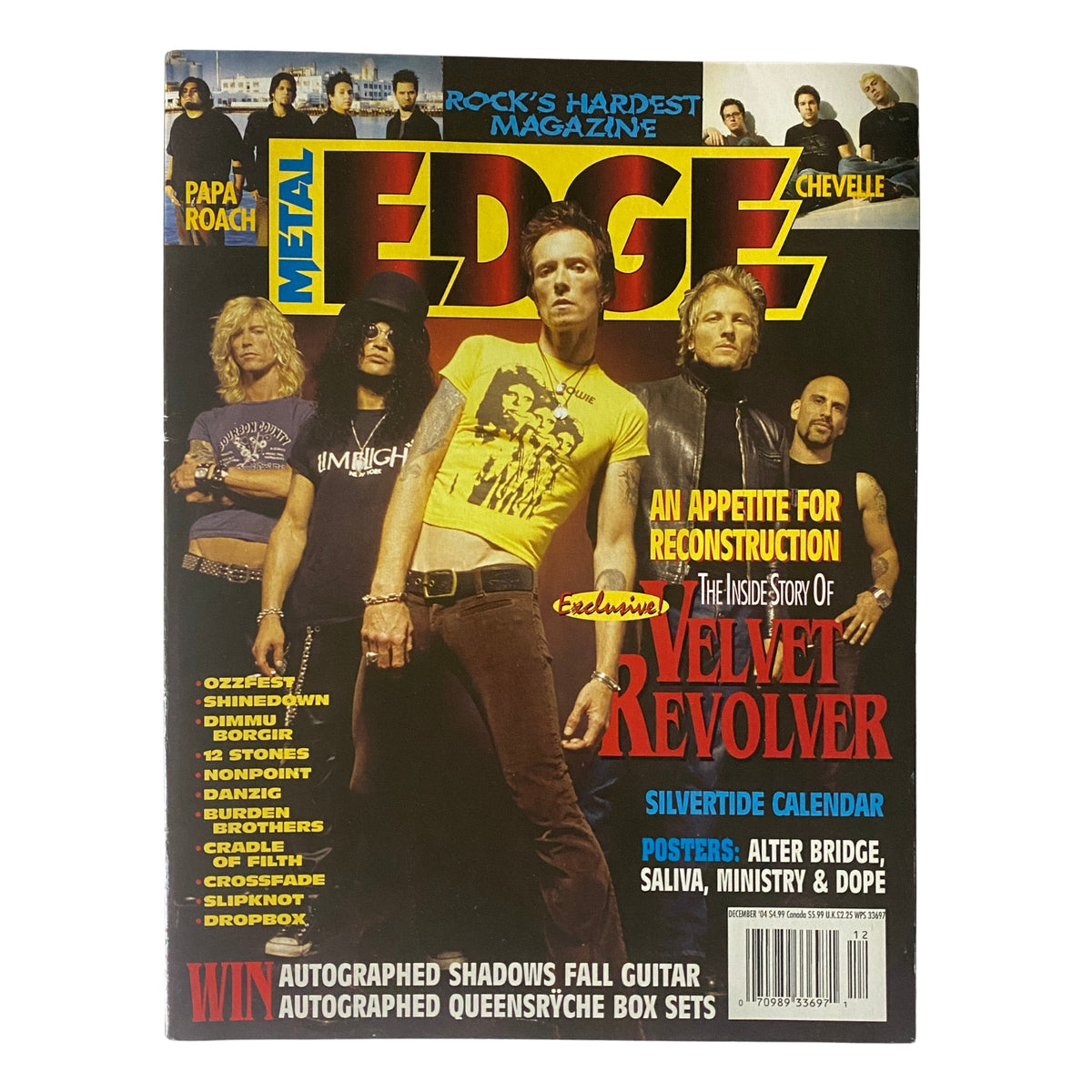 Metal Edge Magazine December 2004 featuring Velvet Revolver on the cover, includes interviews with Papa Roach, Chevelle, exclusive posters of Alter Bridge, Saliva, Ministry, and Dope. This vintage rock magazine is a collectible piece from the early 2000s.