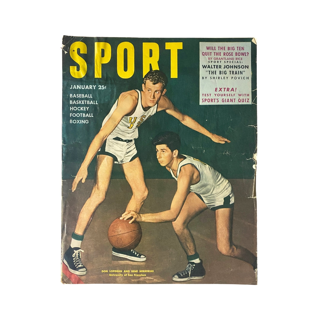 Sport Magazine January 1950 cover featuring Don Lofgran and Rene Herrerias playing basketball, highlighting vintage sports culture with articles on key events and personalities.