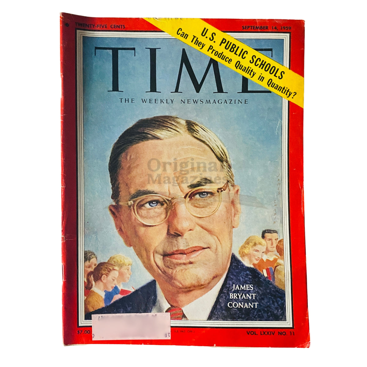 Cover of Time Magazine from September 14, 1959, Vol 74 No. 11 featuring James Bryant Conant, highlighting themes of education and quality in public schools.
