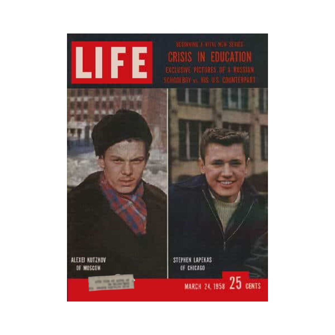 Cover of VTG Life Magazine from March 24, 1958 featuring a dual portrait of Moscow student Alexei Kutzkov and Chicago student Stephen Lapekas, highlighting the theme 'Crisis in Education'.