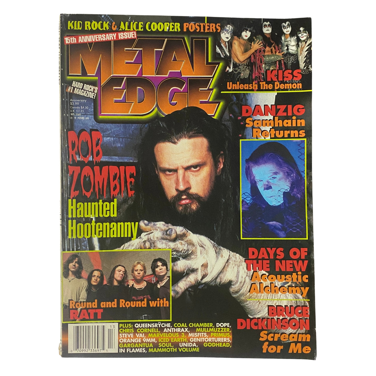 Cover of Metal Edge Magazine 2000 featuring Rob Zombie's Haunted Hootenanny, with posters of Kid Rock and Alice Cooper, highlights Danzig and Bruce Dickinson, and showcases the essence of the early 2000s metal scene.
