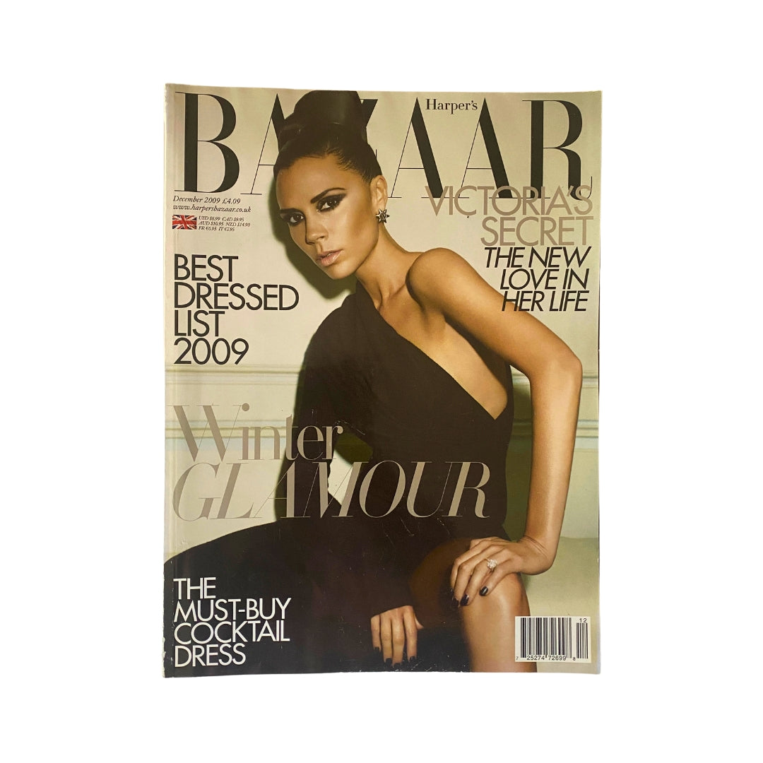 Harper's Bazaar UK Magazine December 2009 featuring Victoria Beckham on the cover, showcasing elegance and winter glamour, recognized for its Best Dressed List 2009.