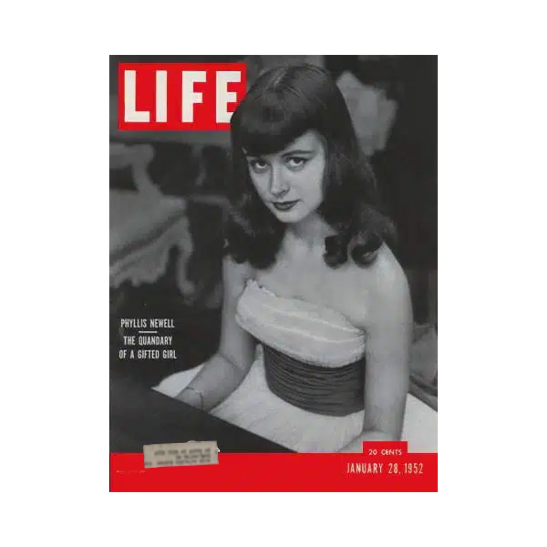 VTG Life Magazine from January 28, 1952, featuring model Phyllis Newell on the cover, showcasing her elegant fashion in a beautiful gown.
