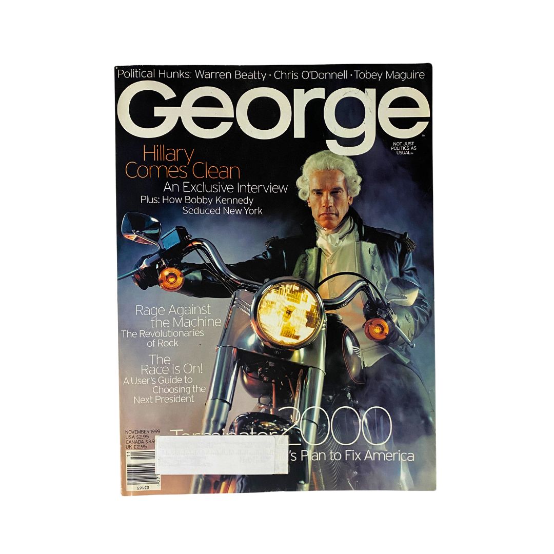 Cover page of George Magazine November 1999 featuring Arnold Schwarzenegger, showcasing Hillary Clinton's exclusive interview, and highlighting the blend of politics and pop culture.