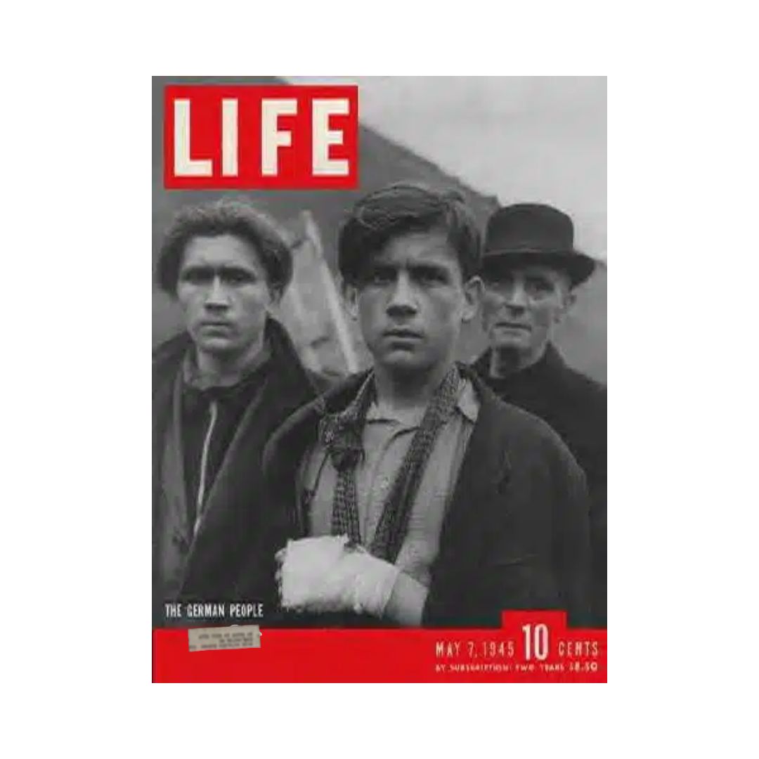 Cover of VTG Life Magazine dated May 7, 1945, featuring 'The German People' with three solemn-faced men illustrating the impact of World War II.