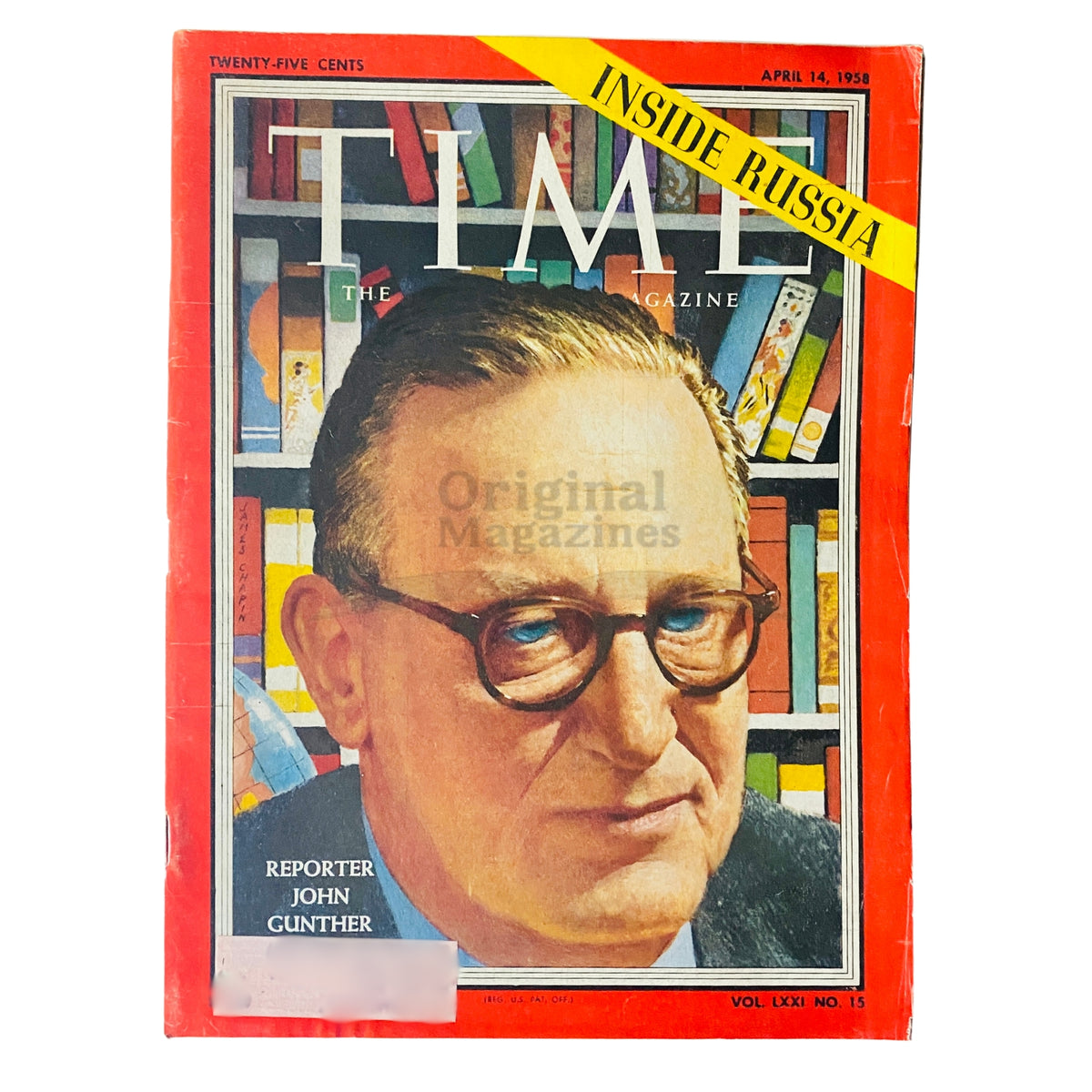 Time Magazine April 14 1958 featuring reporter John Gunther on the cover, highlighting significant historical events with a vivid illustration and bold headlines.