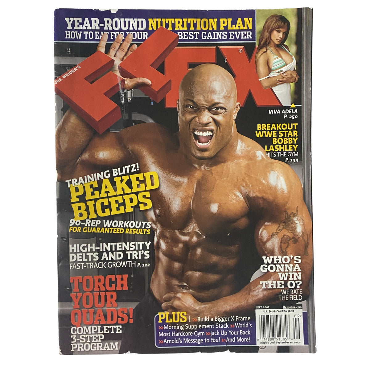 Flex Magazine September 2007 featuring Bobby Lashley on the cover, showcasing fitness and bodybuilding content with an emphasis on bicep training and nutrition.
