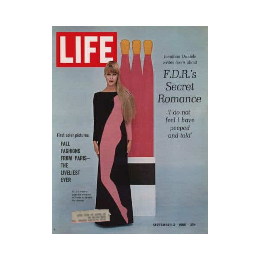 Cover of VTG Life Magazine from September 2, 1966 featuring pop art fashion from Paris. The cover showcases a model wearing a vibrant pink and black dress against a modern artistic background, highlighting the fashion trends of the 1960s.