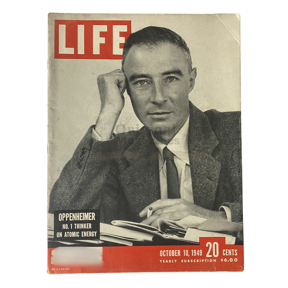 Life Magazine October 10, 1949 cover featuring J. Robert Oppenheimer, highlighting his role as the No. 1 thinker on atomic energy.