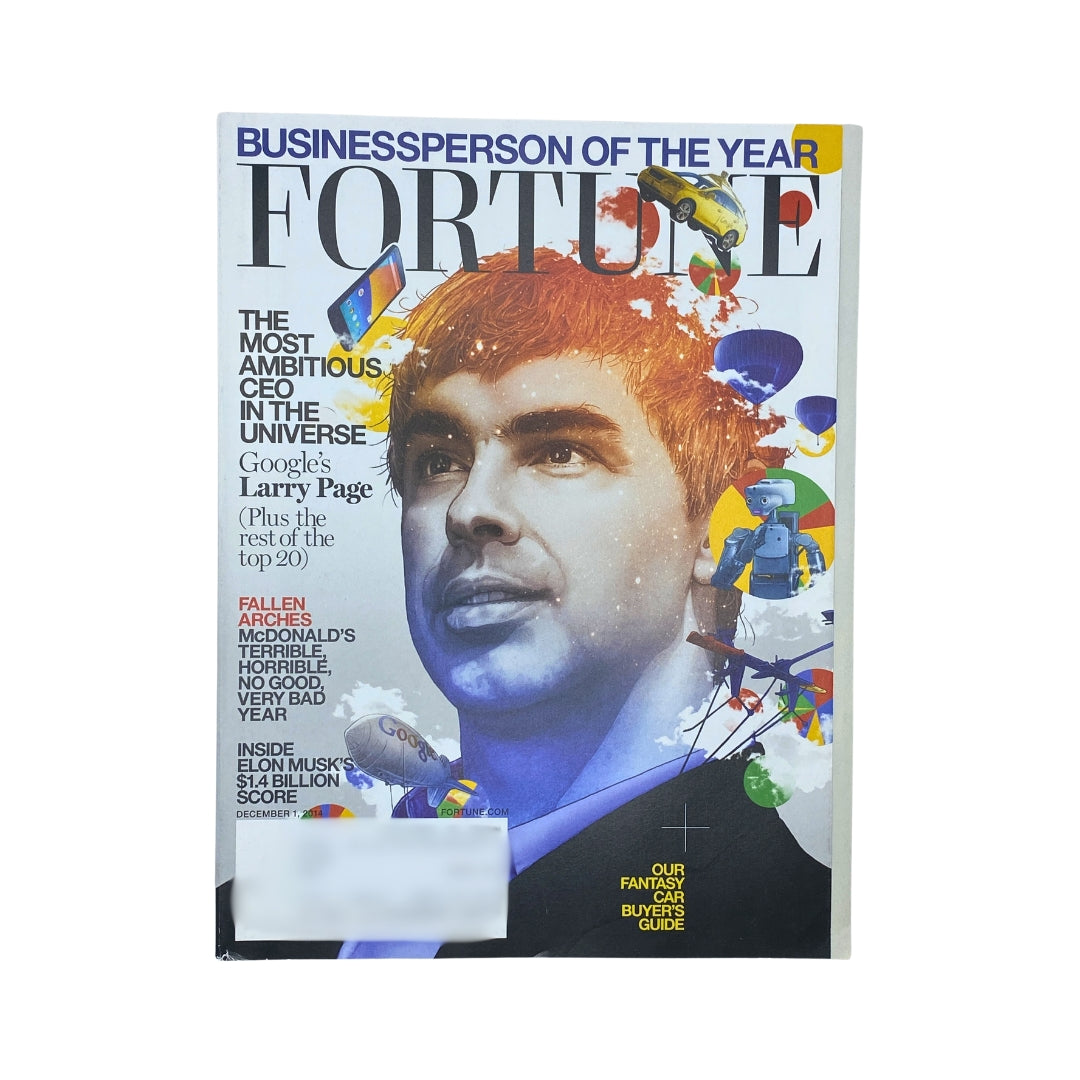 Cover of Fortune Magazine, December 1, 2014, featuring Google's Larry Page as Businessperson of the Year. The magazine highlights innovative themes and insights from Elon Musk, illustrating significant corporate and cultural developments of the early 2010s.