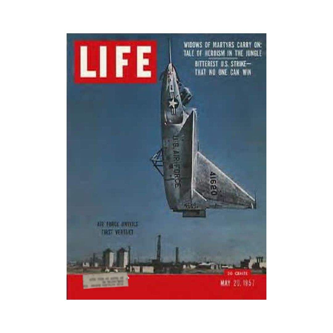 Cover of VTG Life Magazine May 20, 1957 showcasing the Air Force's first Vertijet during its unveiling. The magazine features striking imagery of the aircraft in mid-flight against a blue sky, highlighting historical aeronautics and cultural context of the 1950s.