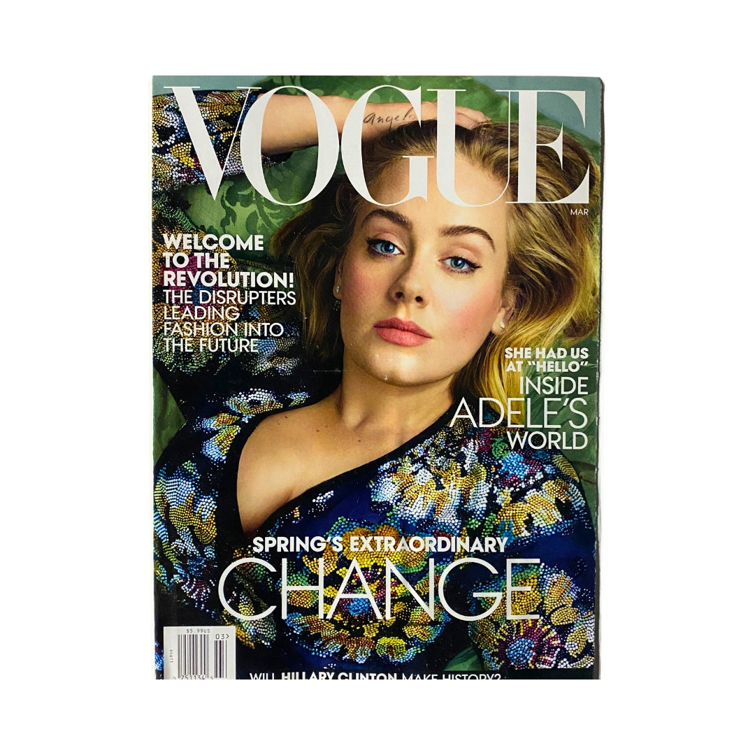 Vogue Magazine March 2016 featuring singer-songwriter Adele on the cover, showcasing her captivating presence and style.