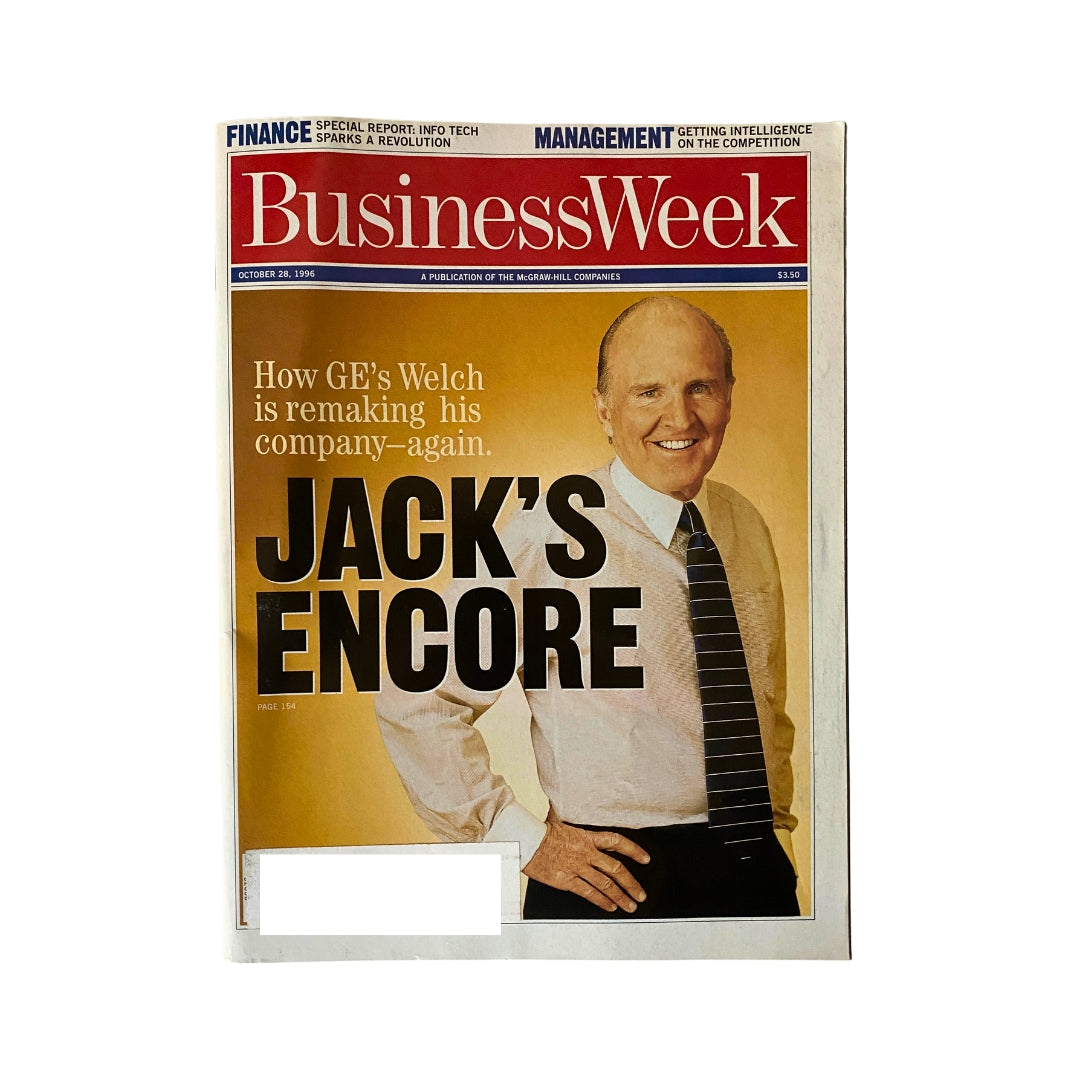 BusinessWeek Magazine cover from October 28, 1996 featuring GE CEO Jack Welch with the headline 'Jack's Encore' discussing GE's strategic growth.
